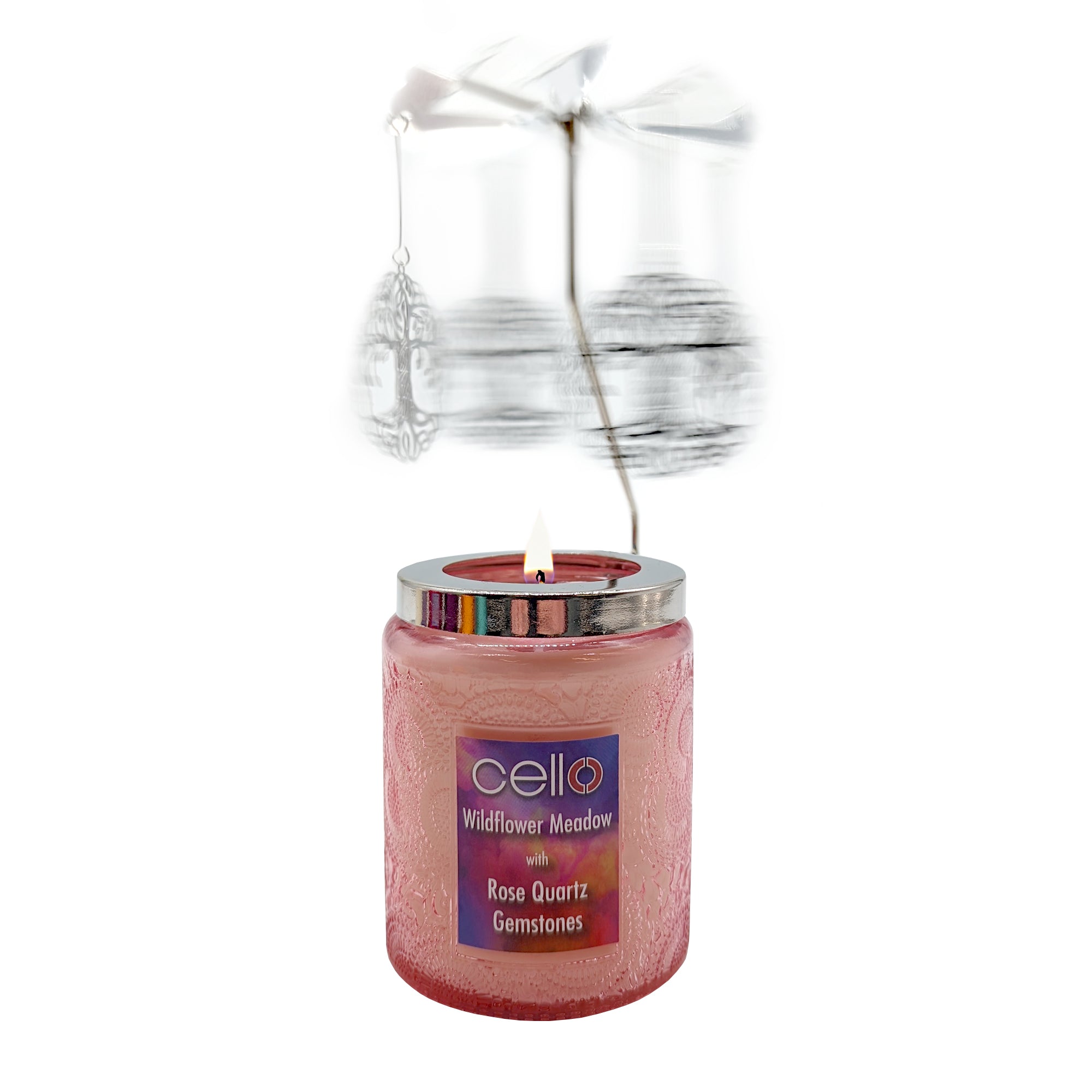 Cello - Gemstone Candle 200g with Convection Spinner - Wildflower Meadow with Rose Quartz