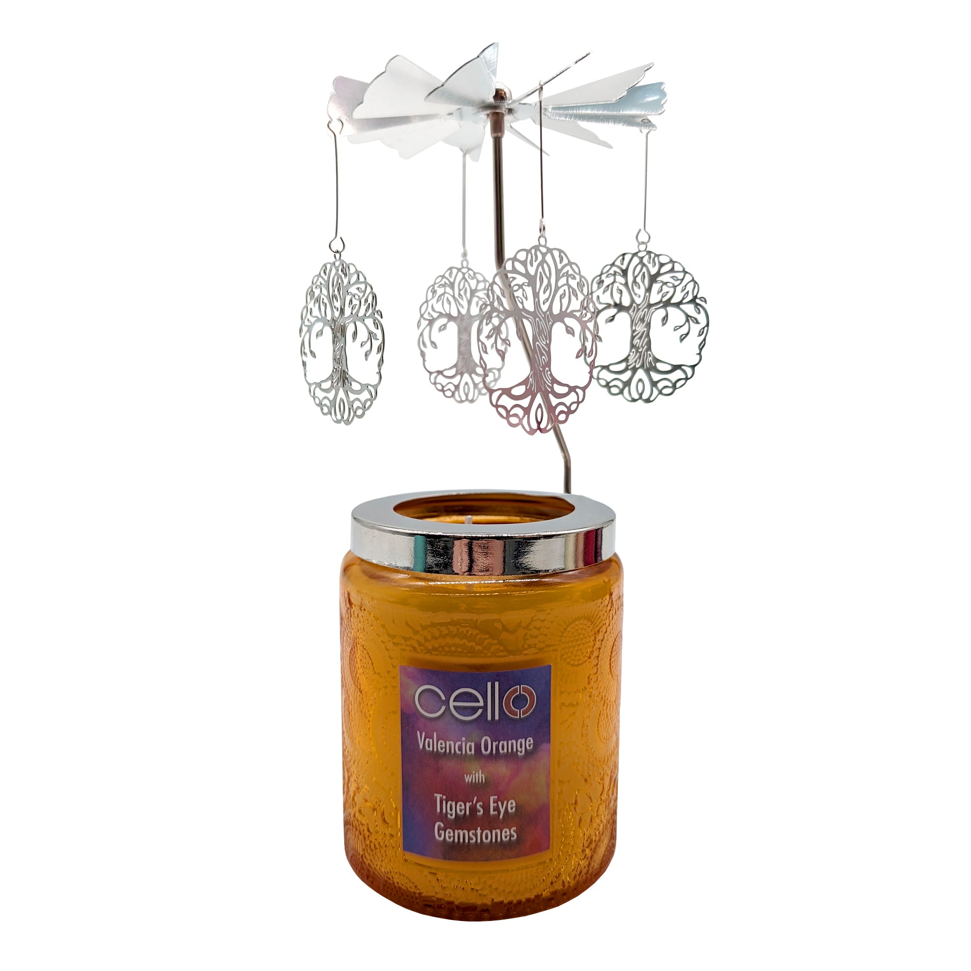 Cello - Gemstone Candle 200g with Convection Spinner - Valencia Orange with Tiger's Eye