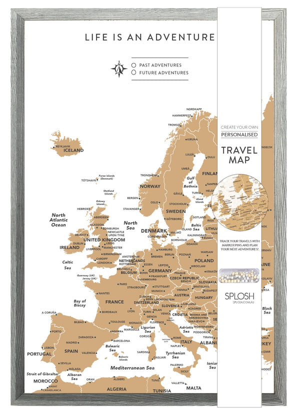 Splosh - Map of Europe pin board in our signature white design. The Splosh Travel Map collection is the ideal way to plan and plot all your visits to countries all across Europe, both past and present. Using the colour-coded metallic pins provided you can reminisce about all your past endeavours with family and friends and create a wish-list for the future with your push pin map. 