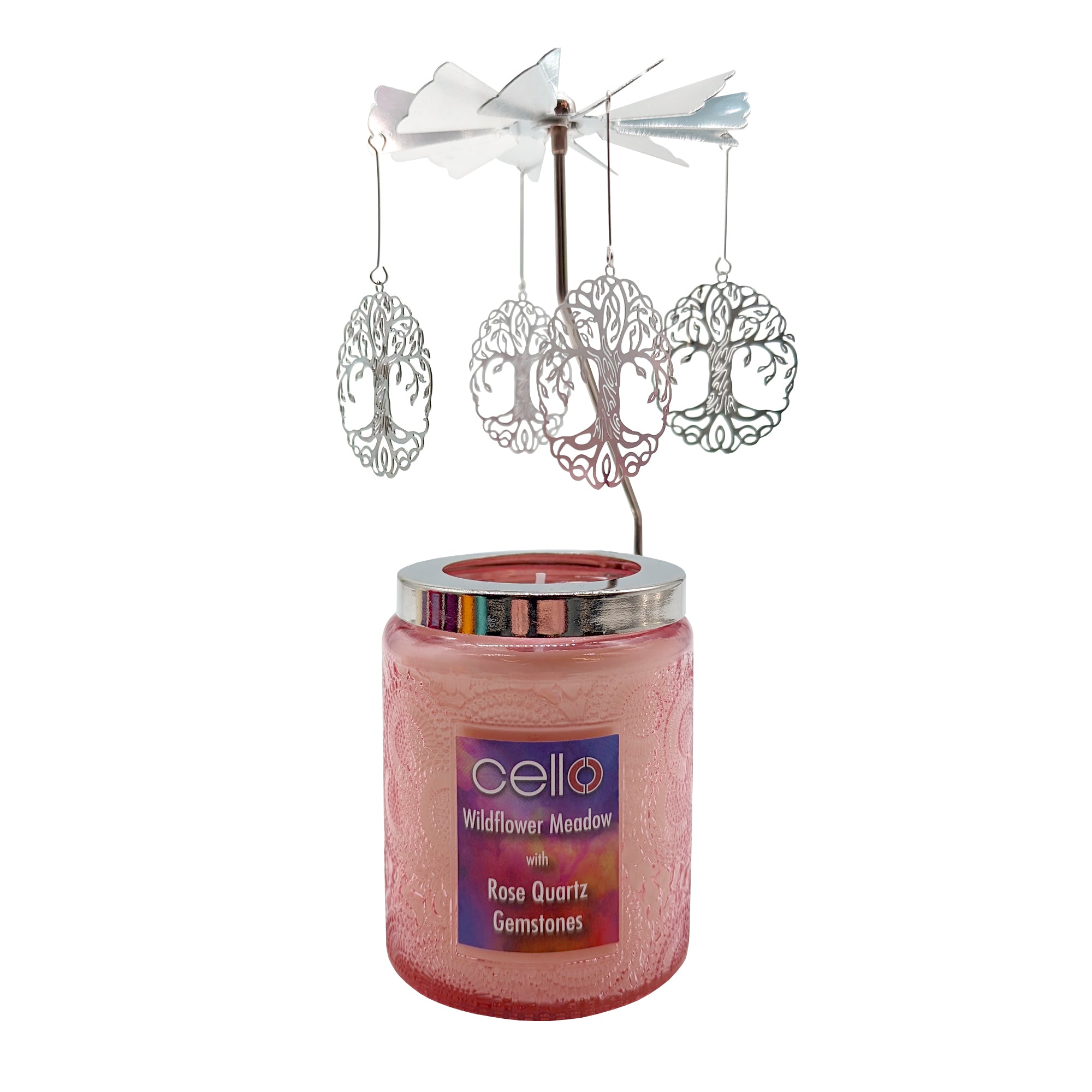 Cello - Gemstone Candle 200g with Convection Spinner - Wildflower Meadow with Rose Quartz