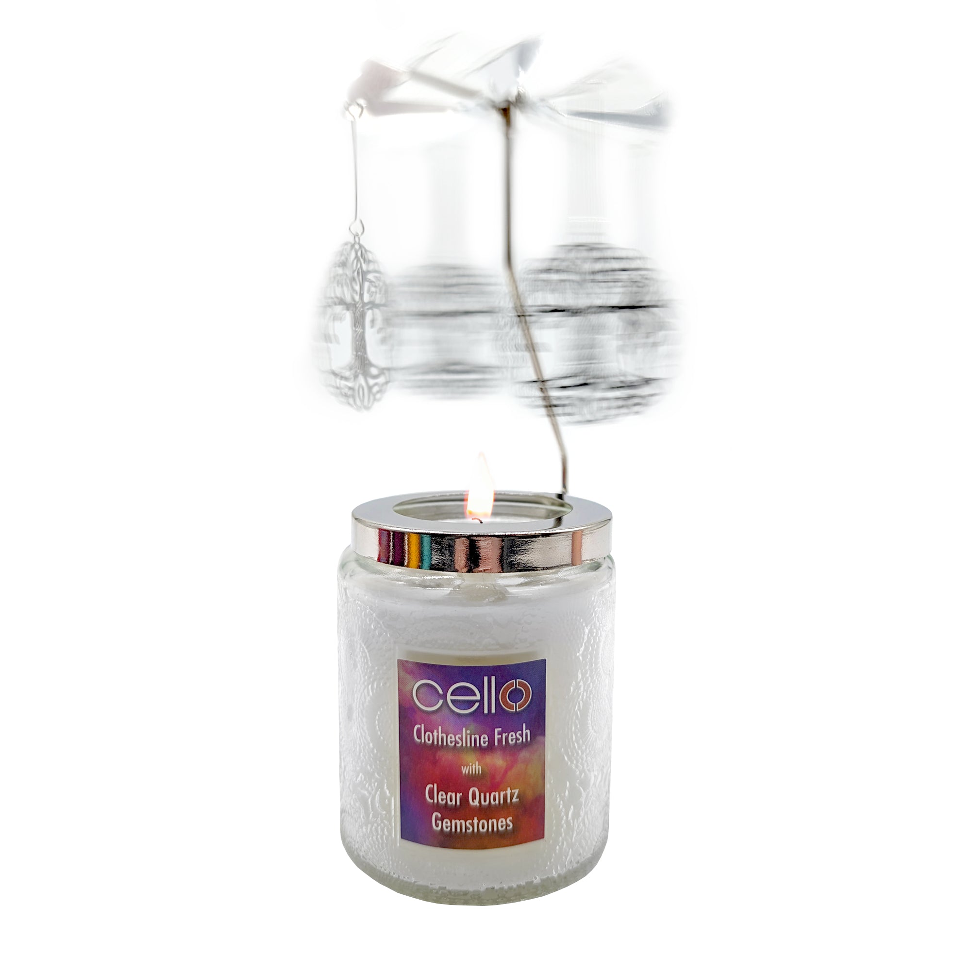Cello - Gemstone Candle 200g with Convection Spinner - Clothesline Fresh with Clear Quartz