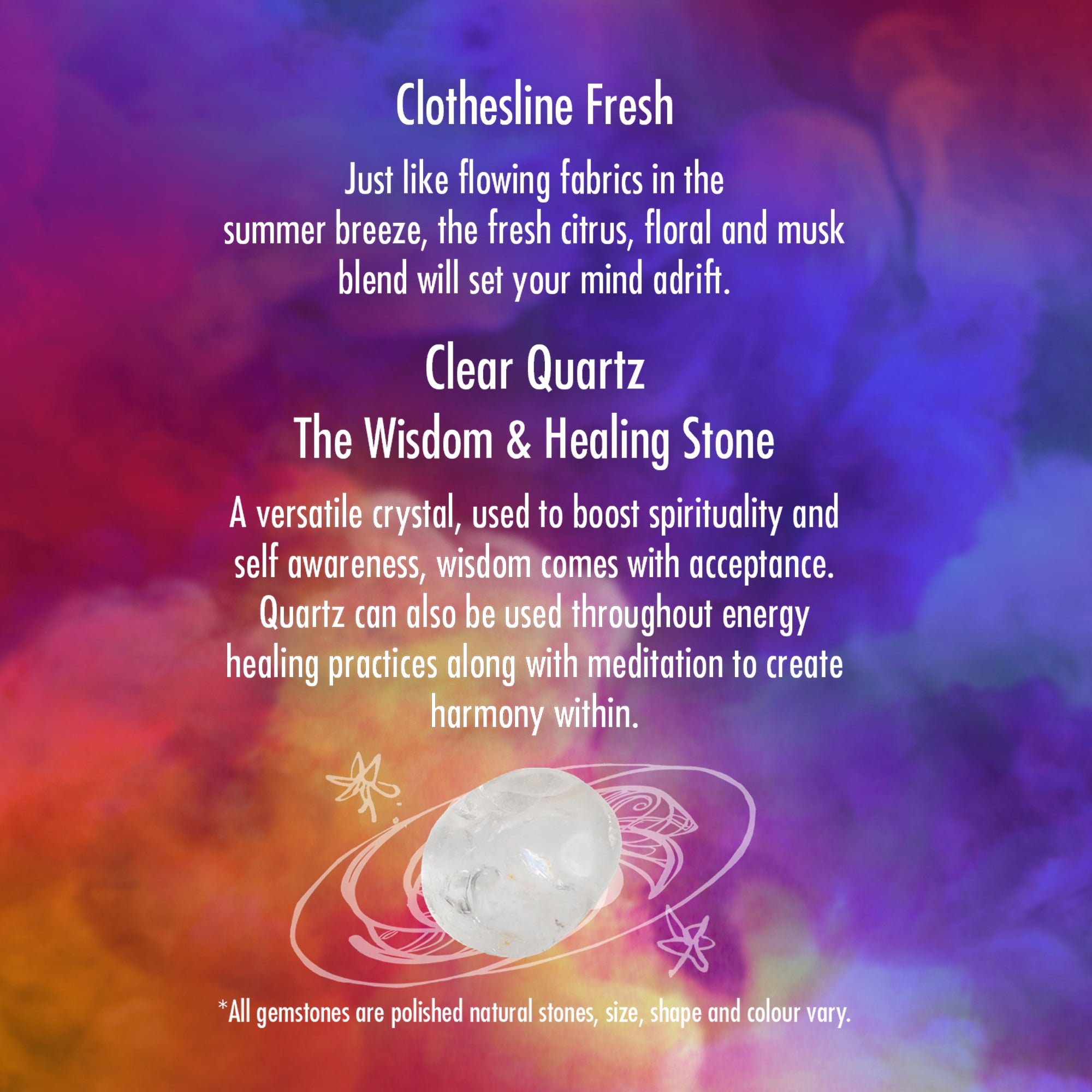 Cello - Gemstone Candle 200g with Convection Spinner - Clothesline Fresh with Clear Quartz