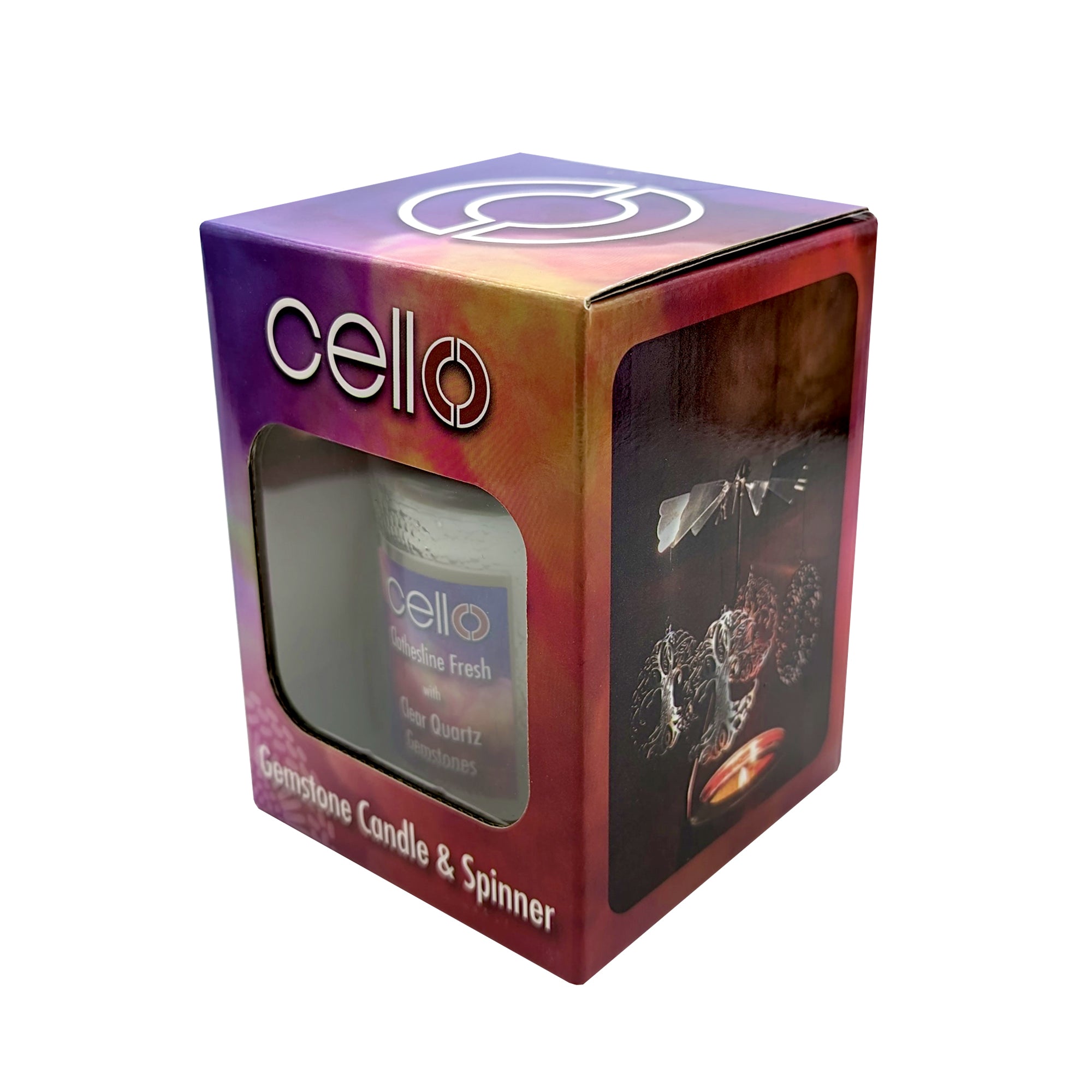 Cello - Gemstone Candle 200g with Convection Spinner - Clothesline Fresh with Clear Quartz