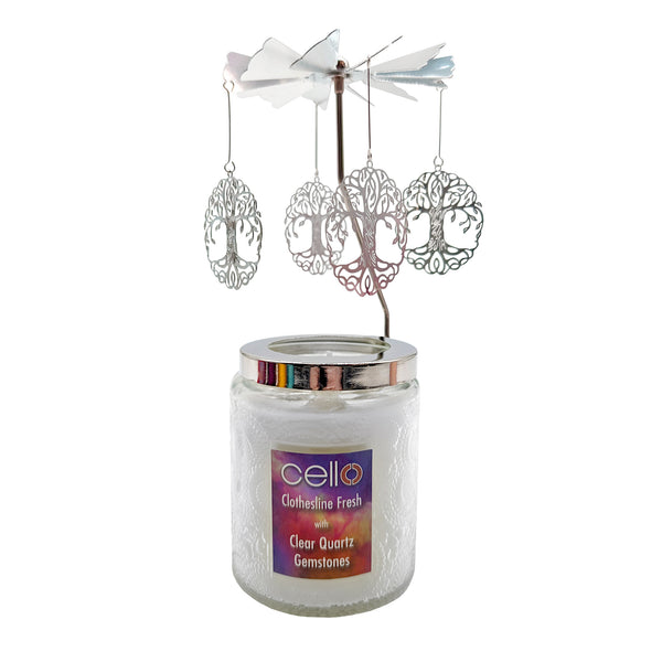 Cello - Gemstone Candle 200g with Convection Spinner - Clothesline Fresh with Clear Quartz