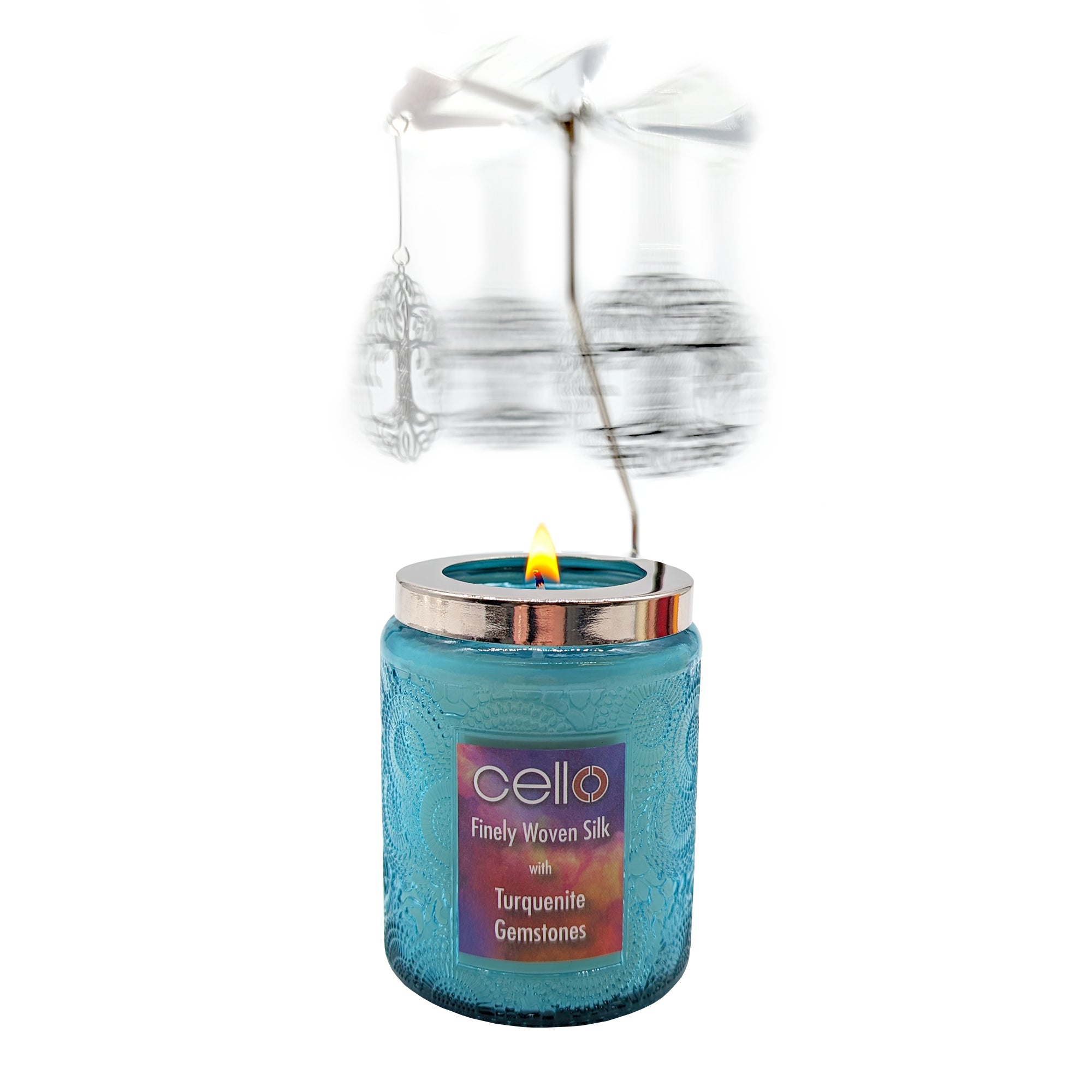 Cello - Gemstone Candle 200g with Convection Spinner - Finely Woven Silk with Turquenite