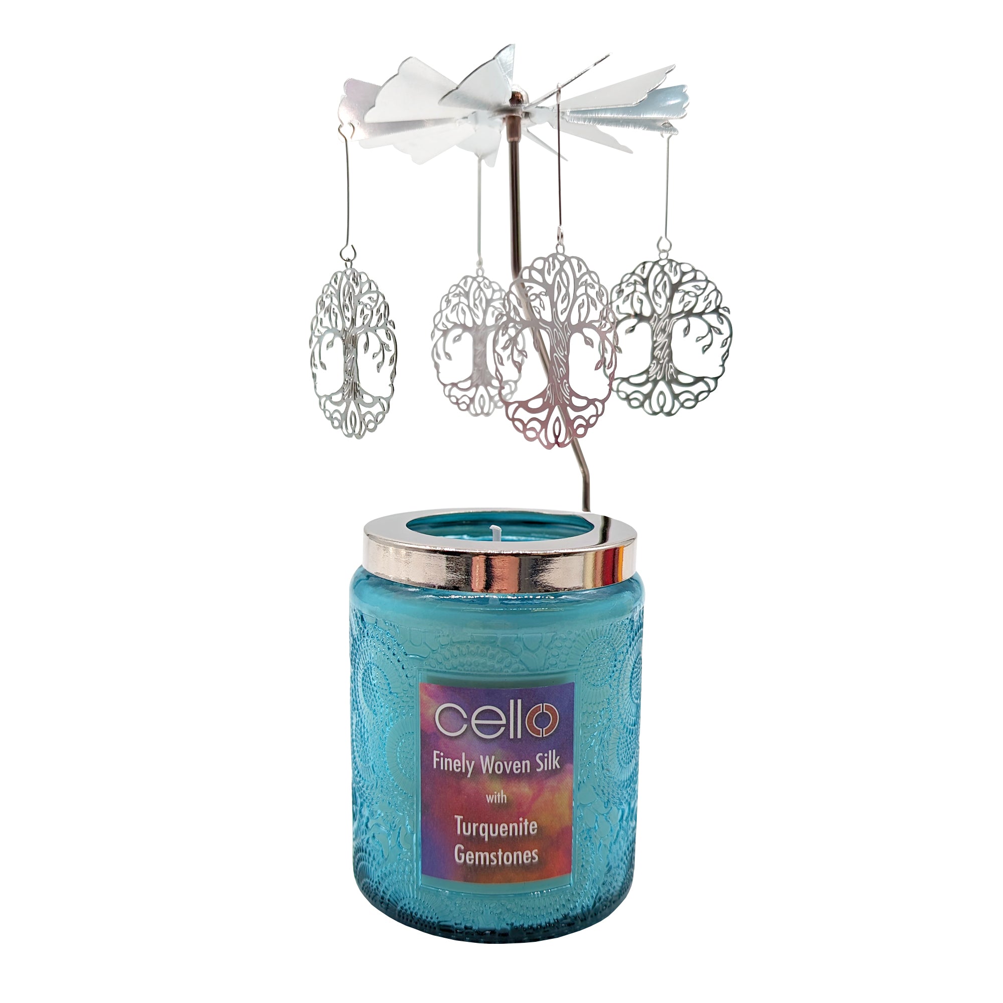 Cello - Gemstone Candle 200g with Convection Spinner - Finely Woven Silk with Turquenite