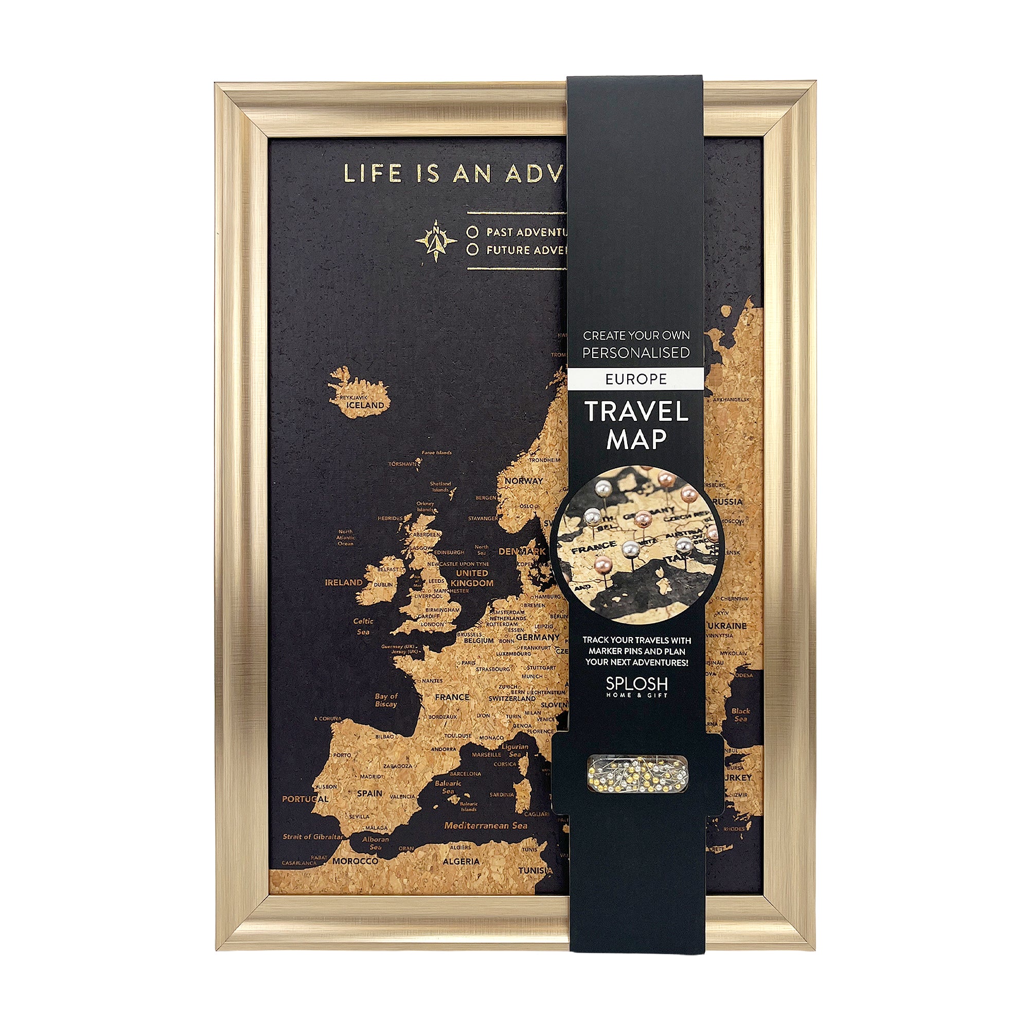 Splosh - Travel Map - Europe XL Desk - Black with Gold Frame – xystostrade