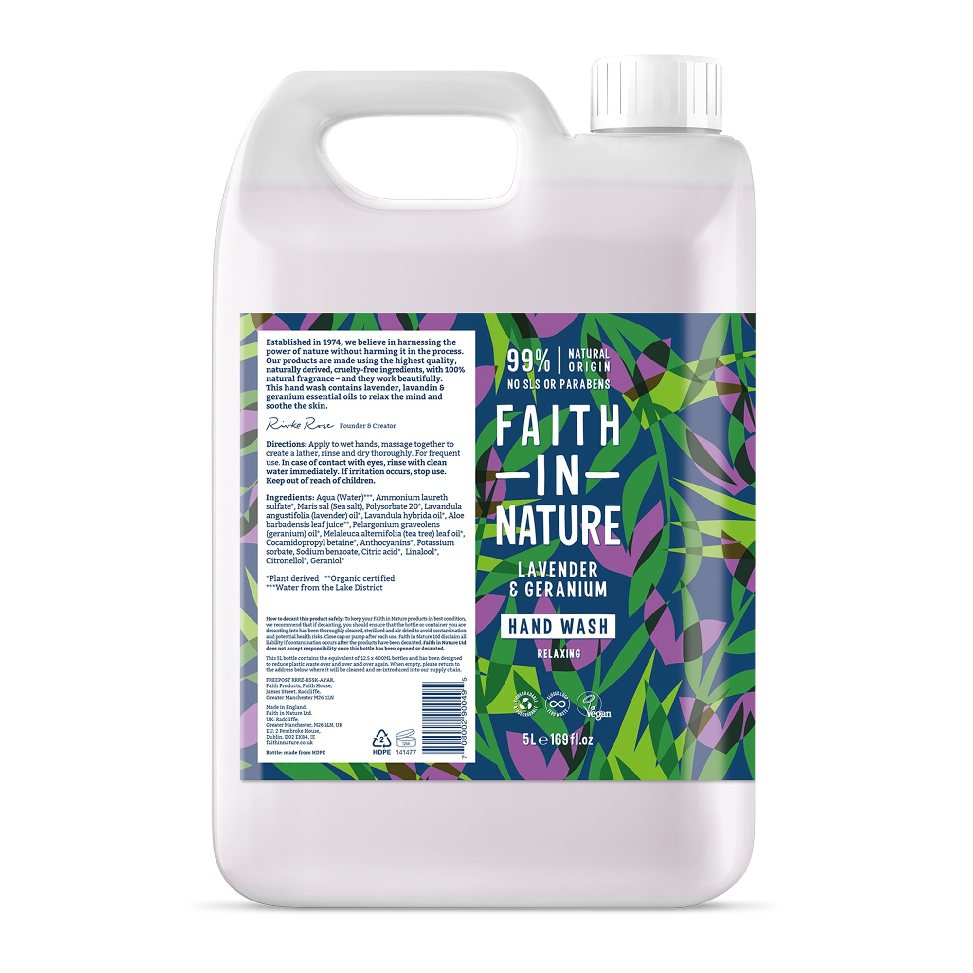 Faith In Nature Hand Wash - Lavender & Geranium 5 Litre Refill
