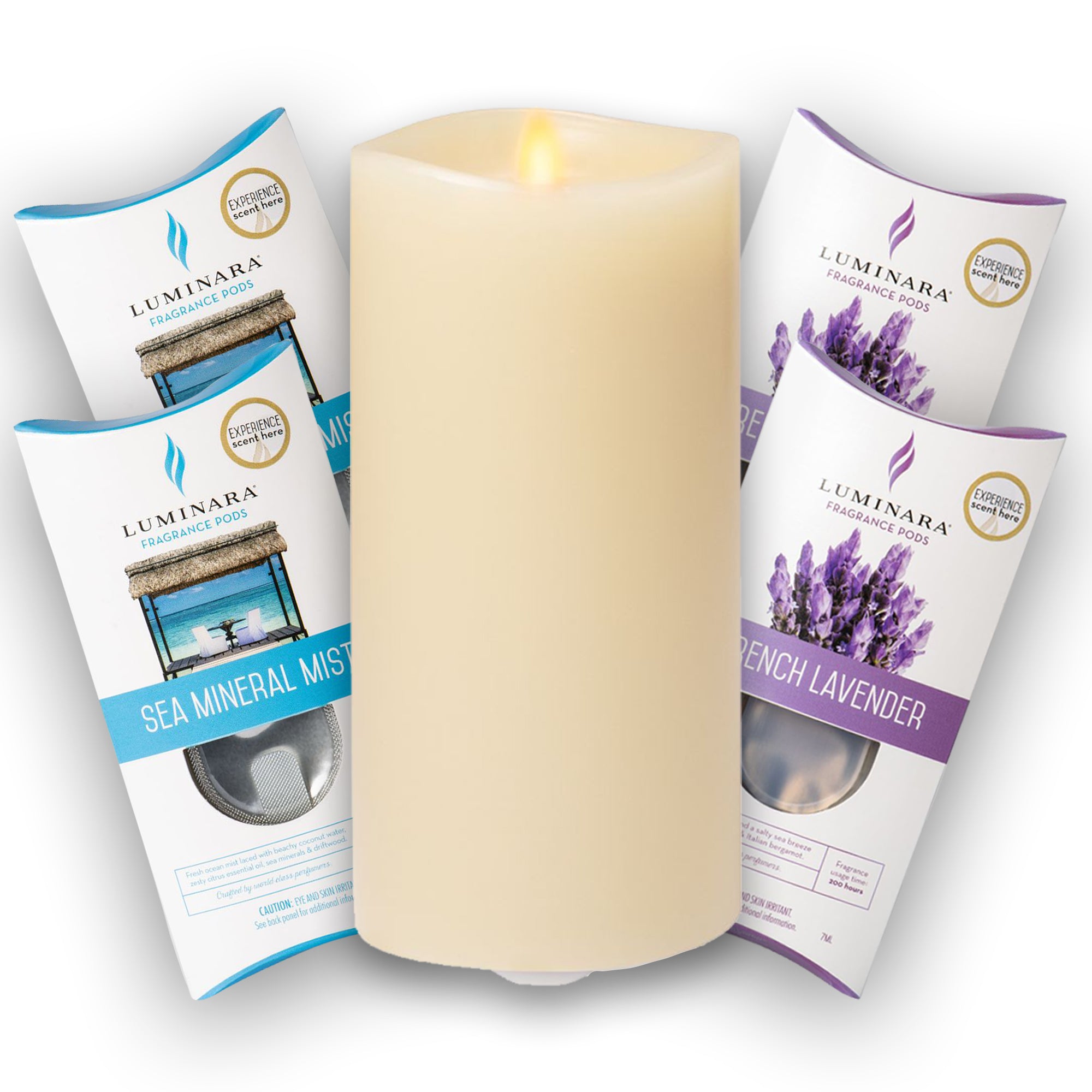 Luminara Fragrance Diffusing Pillar Candle in a Gift Box - 1 x Indoor Pillar / 2 x Lavender Pods / 2 x Sea Min Mist Pods