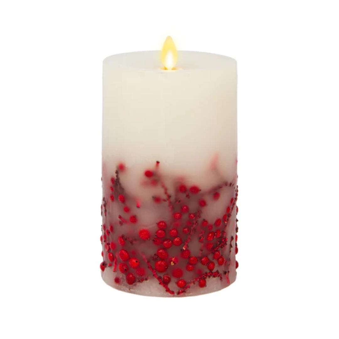 This Luminara Red Berry Inclusions Flameless Pillar is the fashion-forward centerpiece for all your candle décor needs. We selected this modern melted design to showcase the dancing Real-Flame Effect from all angles, ensuring endless decorating possibilities!