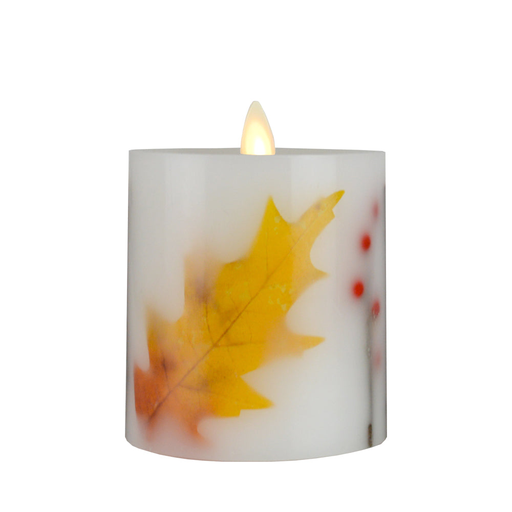 This Luminara Twig, Berry & Leaf Inclusions Flameless Pillar is the fashion-forward centerpiece for all your candle decor needs. They selected this modern melted design to showcase the dancing Real-Flame Effect from all angles, ensuring endless decorating possibilities!
