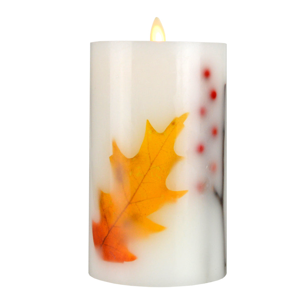 This Luminara Twig, Berry & Leaf Inclusions Flameless Pillar is the fashion-forward centerpiece for all your candle decor needs. They selected this modern melted design to showcase the dancing Real-Flame Effect from all angles, ensuring endless decorating possibilities!