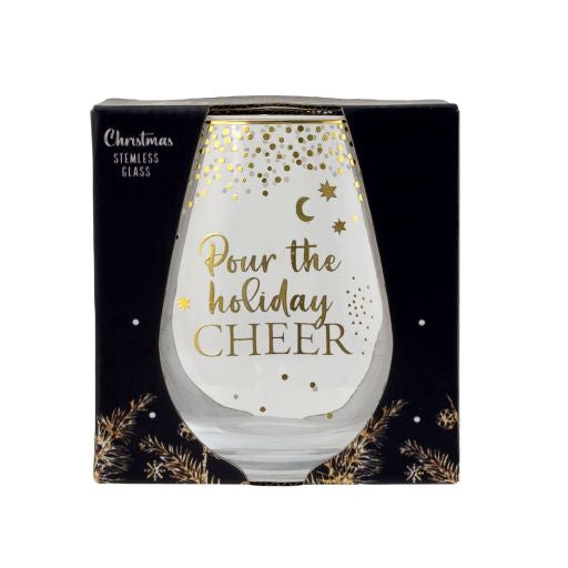 Stemless Christmas glasses make the perfect Christmas gifts for mum. Add this 'Pour the Holiday Cheer' Glass to your wine glasses collection this Christmas. Premium glass is produced using durable and high-quality glass. 