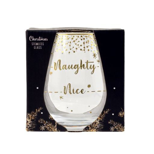 Stemless Christmas glasses make the perfect Christmas gifts for mum. Add this 'Naughty and Nice' Glass to your wine glasses collection this Christmas. Premium glass is produced using durable and high-quality glass. 