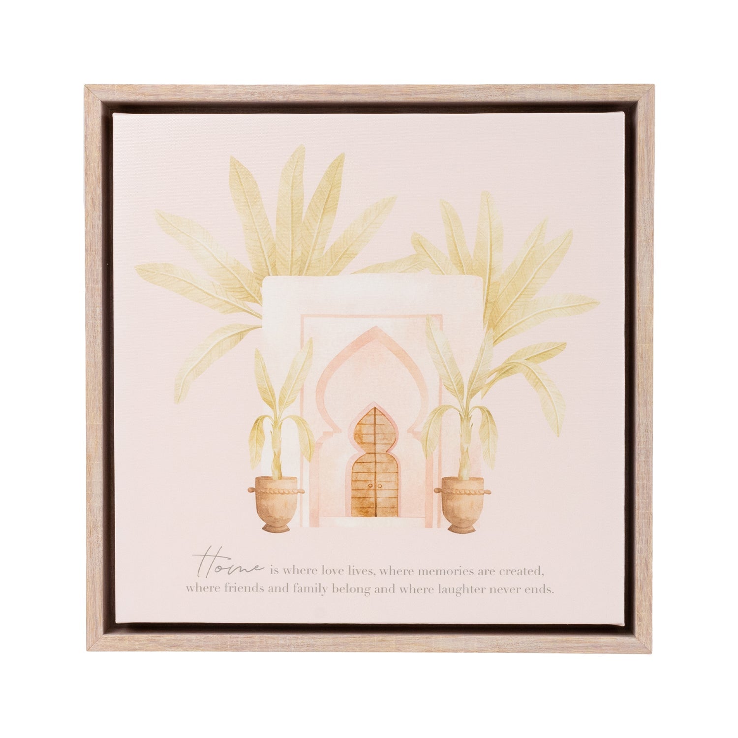 Wood look framed canvas with beautiful home print, verse and hooks for hanging