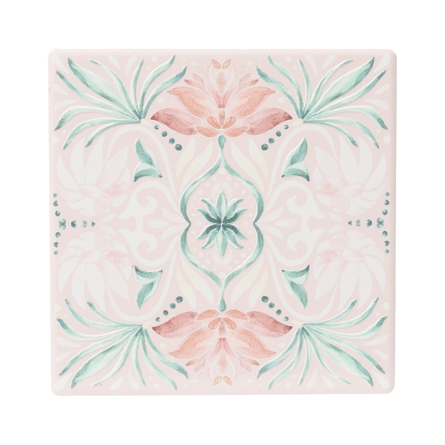 Printed ceramic coaster with embossed pink floral detail and cork backing