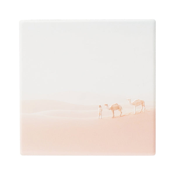 Printed ceramic coaster with embossed camel detail and cork backing