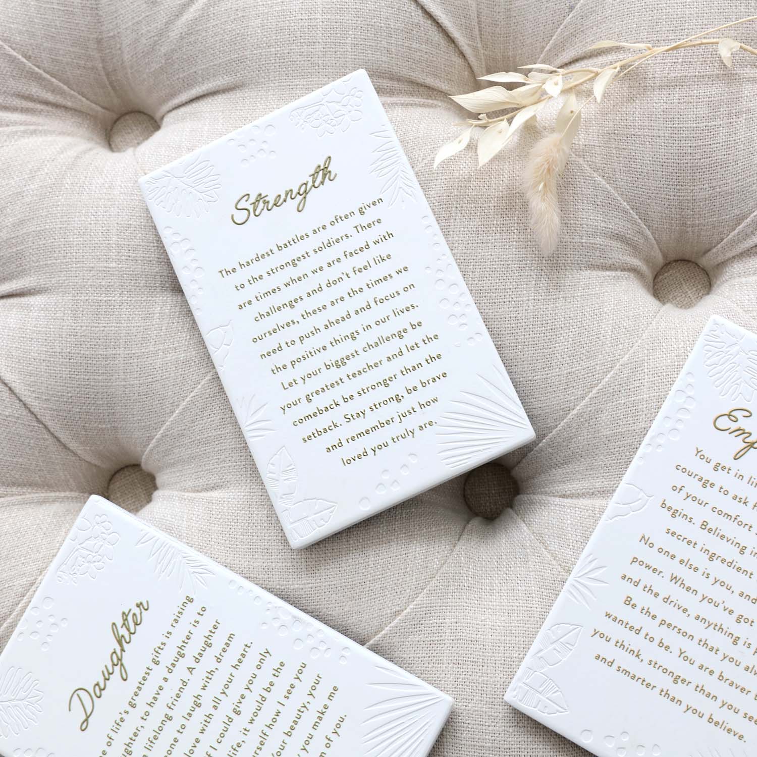 Inspired by their previous best-selling Life Quotes range, Precious Quotes include 12 different verses, with each Quote a meaningful gift idea for someone special. Conveying a custom themed message in a 3D embossed text upon delicate etched floral designs, each Precious Quote also comes with its own custom gift box that features exquisite gold foil detail and personalised “To” and “From” fields.