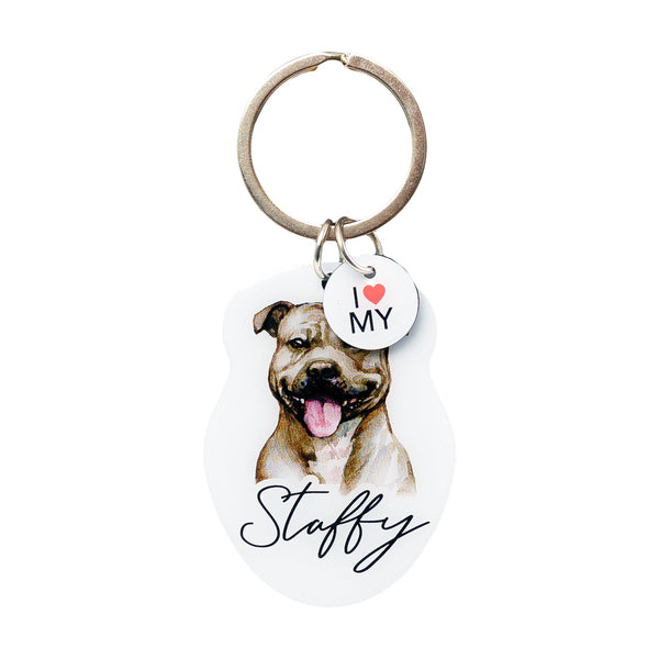 This cute Staffy Keychain is the perfect way to celebrate your love for your pet! Whether for yourself of as a gift for the ultimate dog lover. This Keychain is one of 32 dog breeds featured in the Pets Keyring collection.
Dimentions Approx: 5.5 x 4 x 01