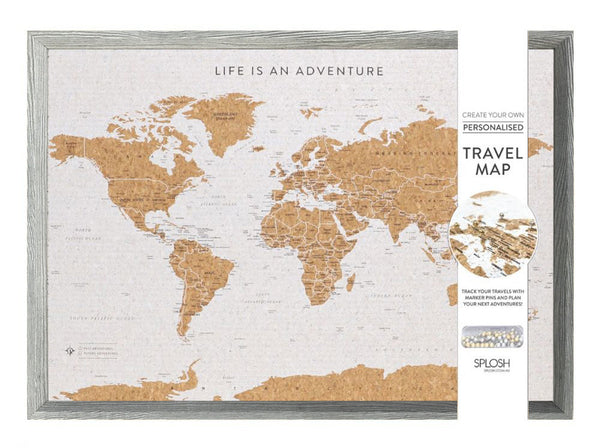 Splosh - Map of the world pin board in our brand-new signature grey design. The Splosh Travel Map collection is the ideal way to plan and plot all your visits to countries across the world, both past and present. Using the colour-coded metallic pins provided you can reminisce about all your past endeavours with family and friends and create a wish-list for the future with your push pin map.